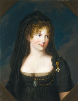 Francs Gerhards fon Kīgelgens (Franz Gerhard von Kügelgen, 1772–1820). Marijas Fjodorovnas portrets sēru tērpā. Pirms1801. Audekls, eļļa. Mākslas muzeja "Rīgas Birža" kolekcija. Skenējums