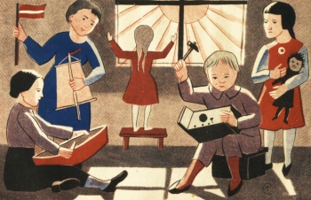 Ansis Cīrulis (1883–1942). Saule vēro darba priekus. Ilustrācija žurnālam "Jaunais Cīrulītis". 1927. Nr. 3, 96. lpp. Skenējums
